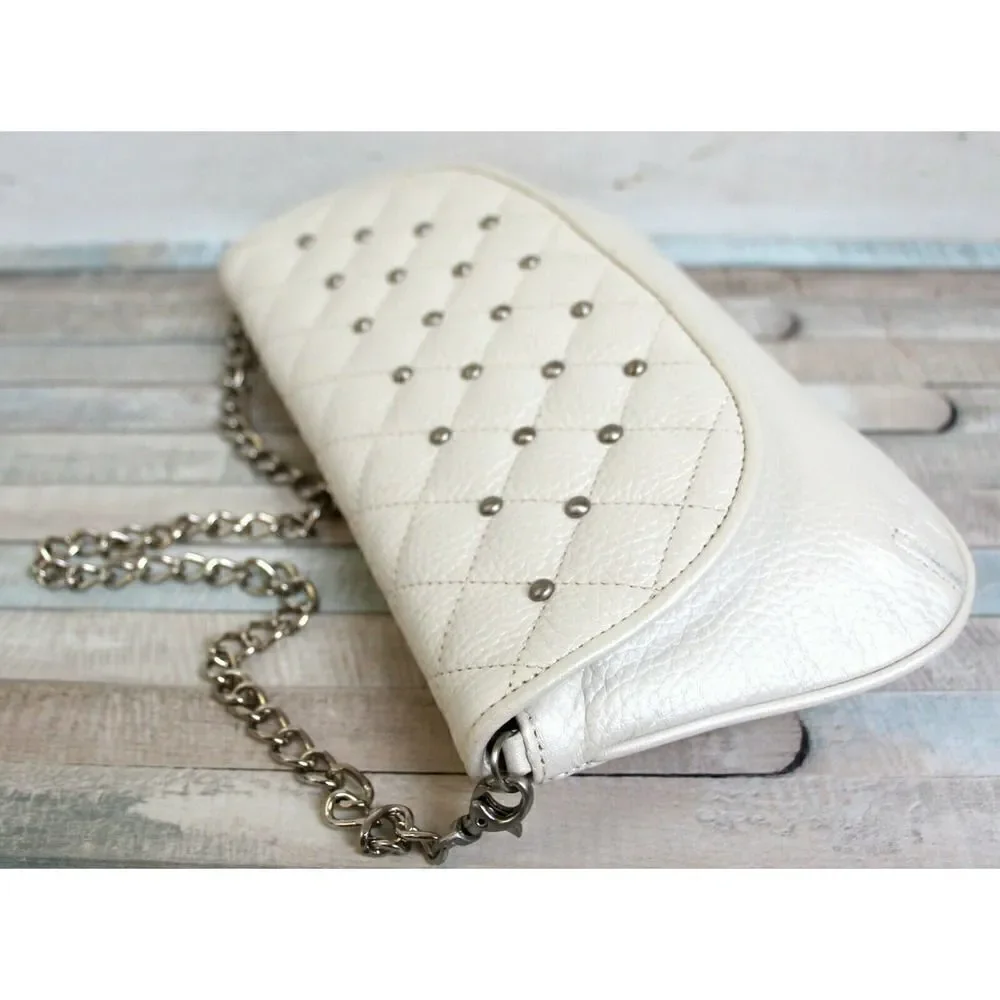 Arrow QUILTED STUDS PEARL IVORY GENUINE LEATHER FLAP SHOULDER BAG PURSE CLUTCH